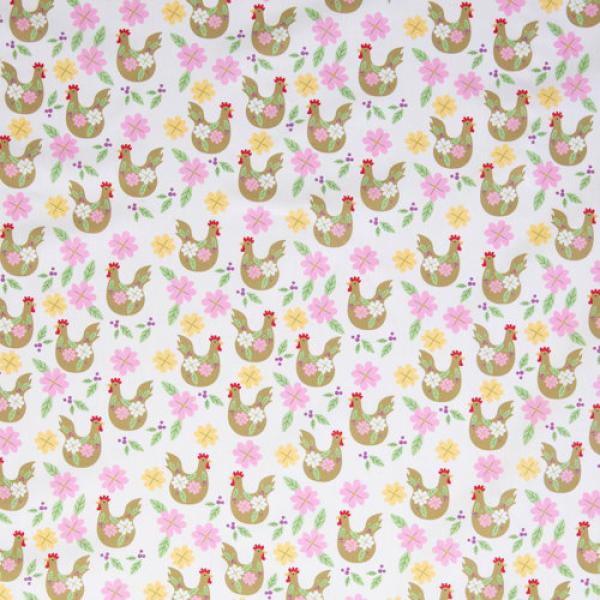 Bauwoll Druck Hühner mit Blüten auf Weiß von Happy Easter by Swafing 